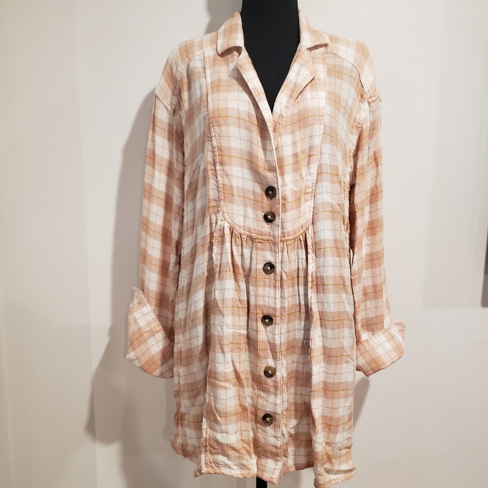 Free People Plaid Button-Front Tunic in Cream and Tan